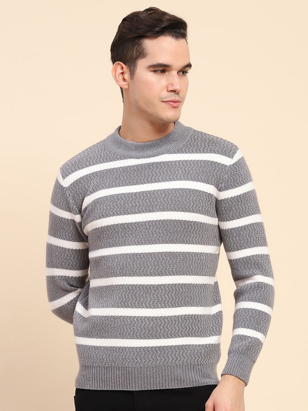 

Global Republic Men Striped Winter Pullover, Grey