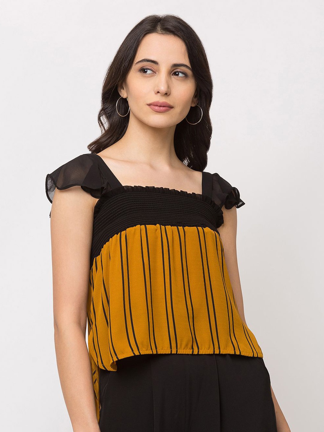 

SHECZZAR Women Square Neck Striped Crop Top, Mustard