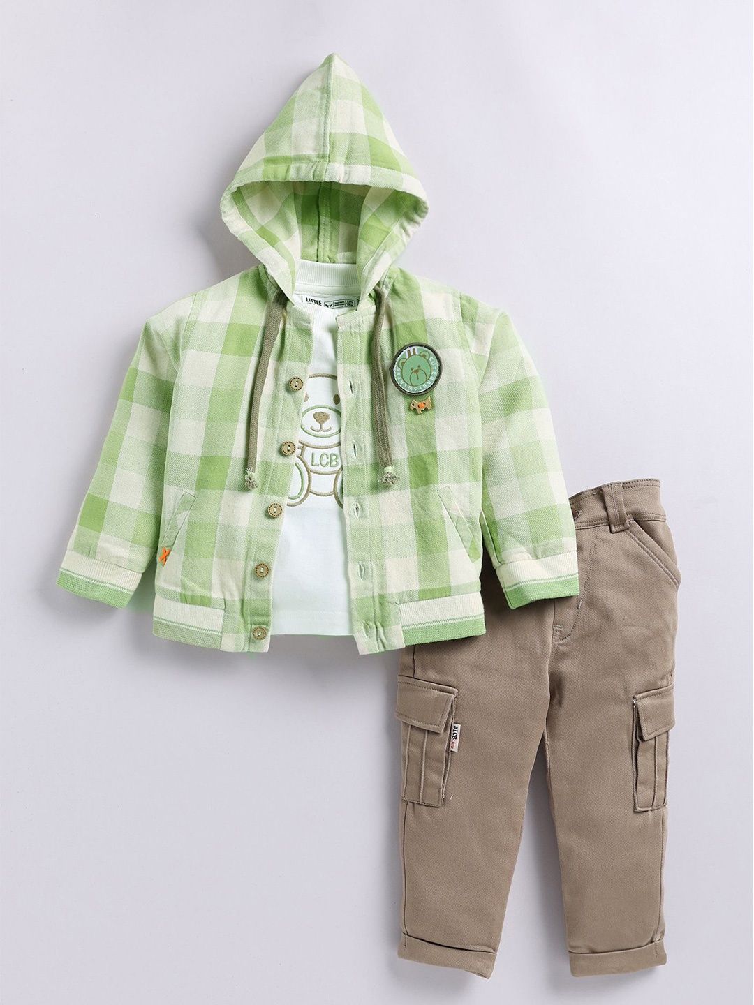 

LITTLE COLLARS Boys Checked Hooded Long Sleeves Shirt with Trouser With T-Shirt, Green