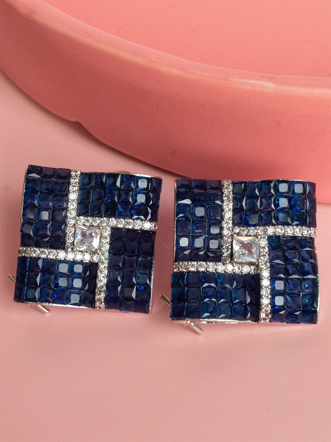 

SHARLEEZ Rhodium-Plated American Diamond Stone Studded Square Shaped Studs, Silver