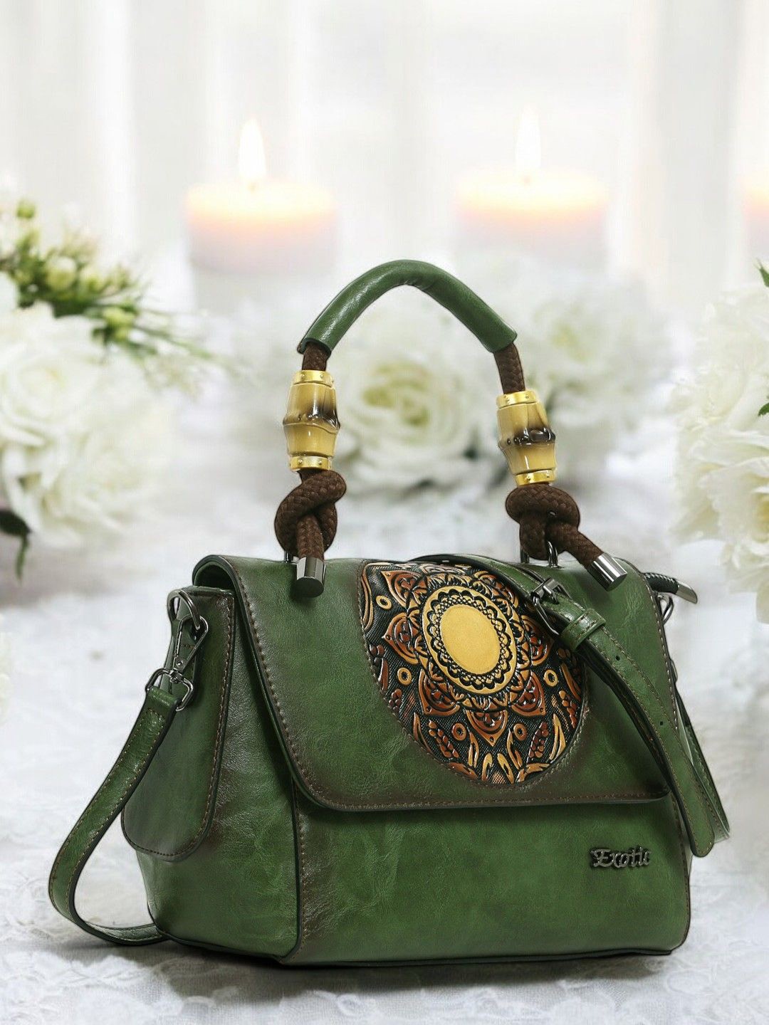 

Exotic Women Embellished Structured Leather Satchel Bag, Green