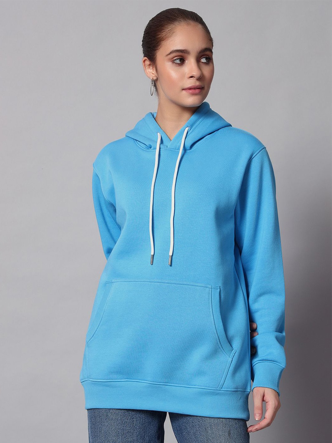 

Obaan Women Solid Hooded Sweatshirt, Blue