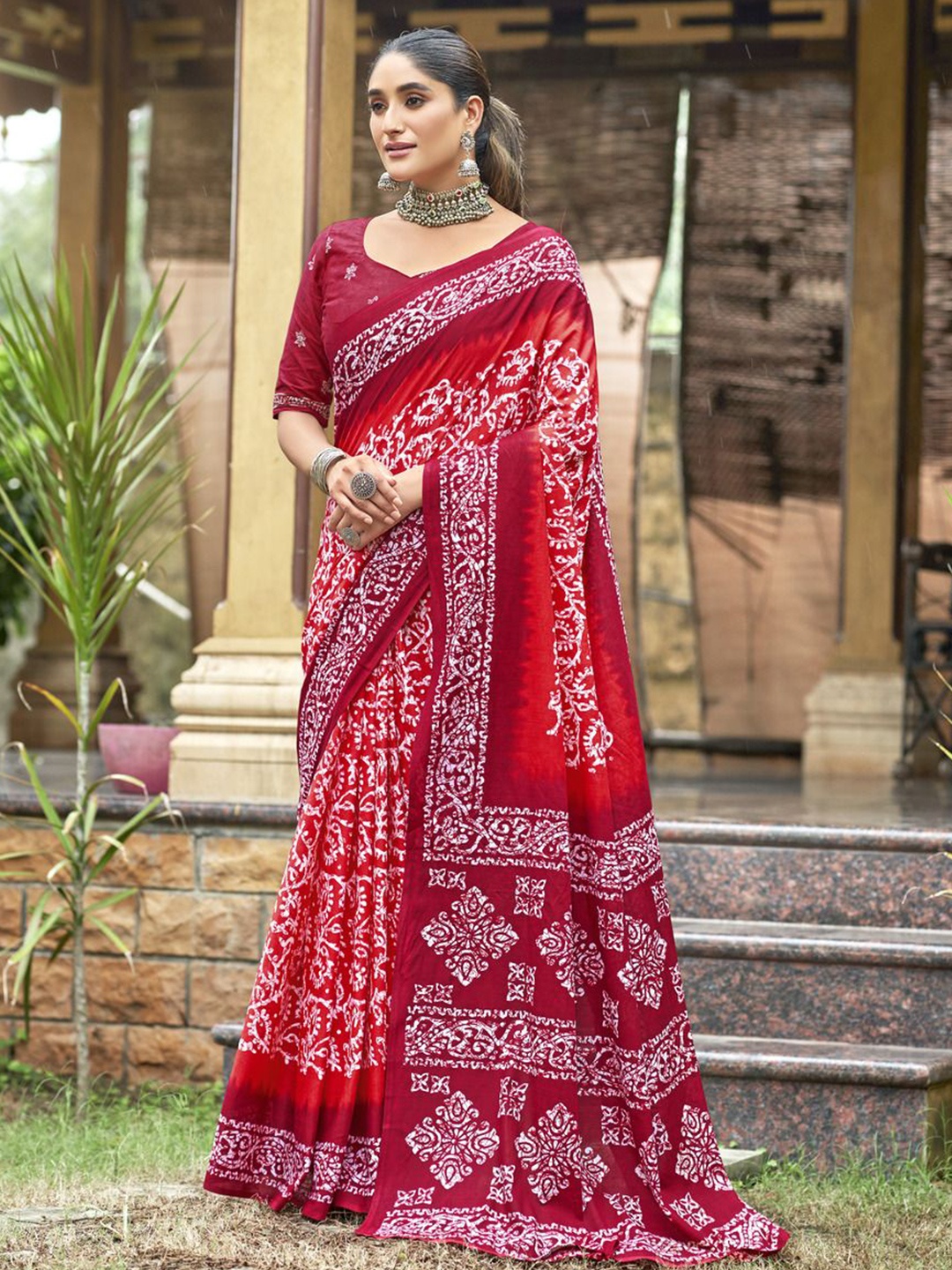 

Anouk Ethnic Motifs Pure Cotton Bagru Saree, Red