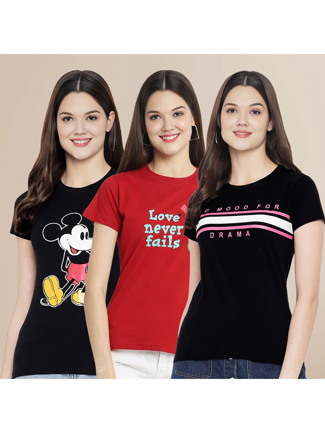 

Metronaut Women Pack Of 3 Typography Printed Round Neck Cotton Mickey Mouse T-shirts, Black