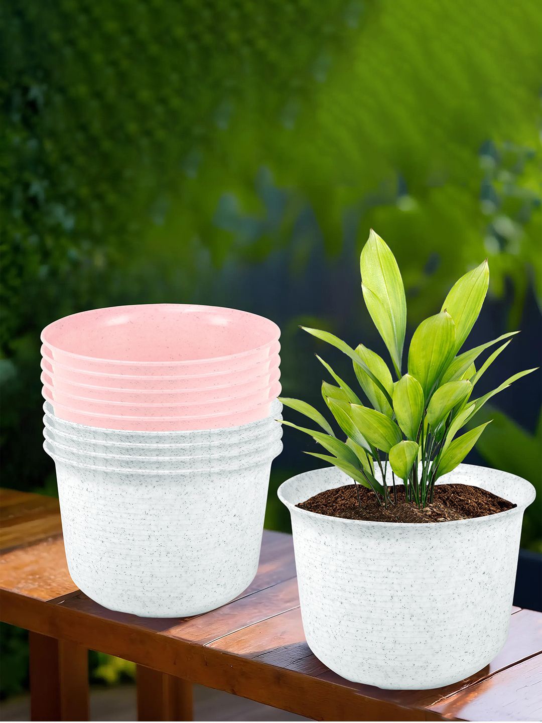 

Kuber Industries White & Pink 10 Pieces Textured Planters with Plate