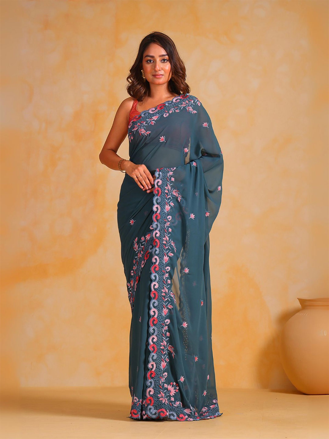 

ODETTE Floral Embroidered Saree, Teal