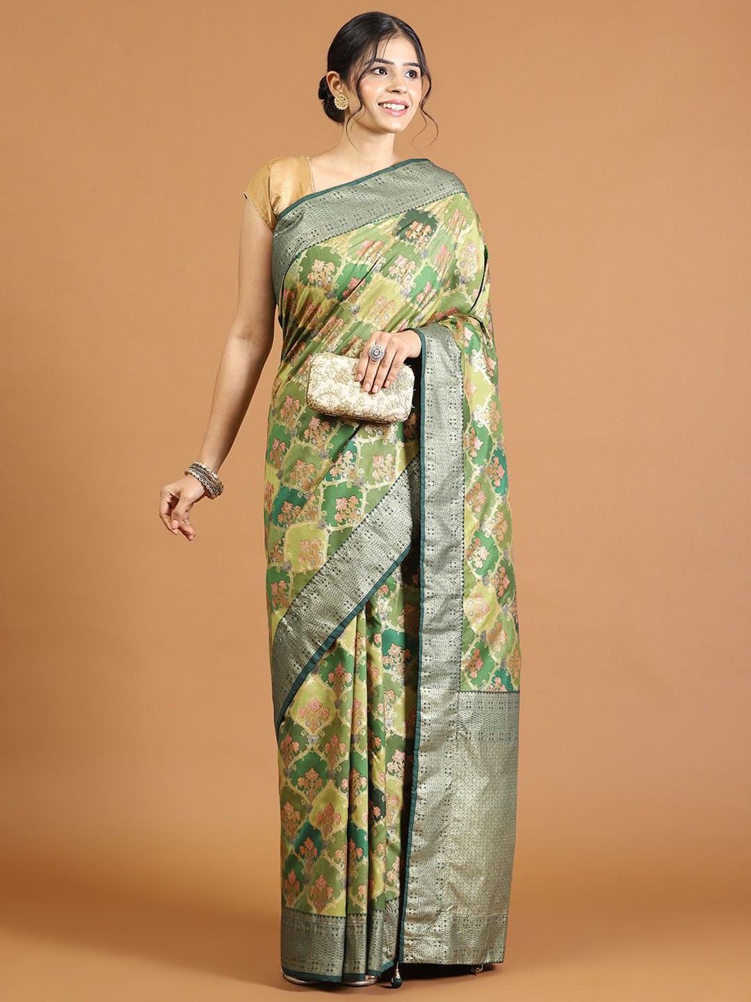 

Meena Bazaar Floral Printed Zari Saree, Green