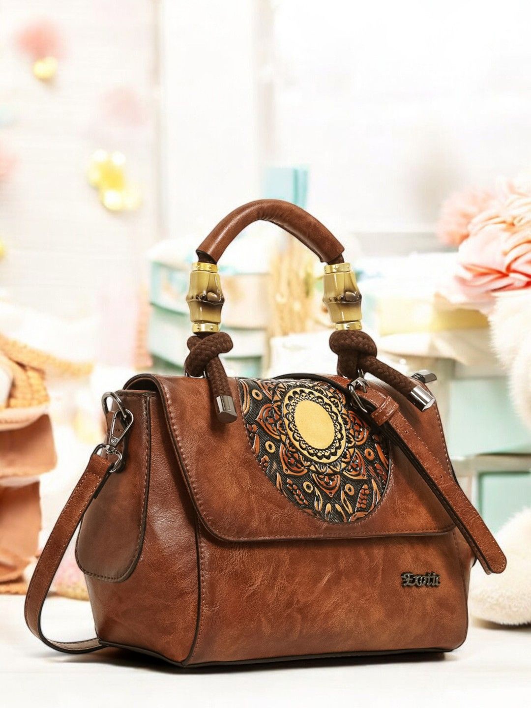 

Exotic Women Embellished Structured Leather Satchel Bag, Brown