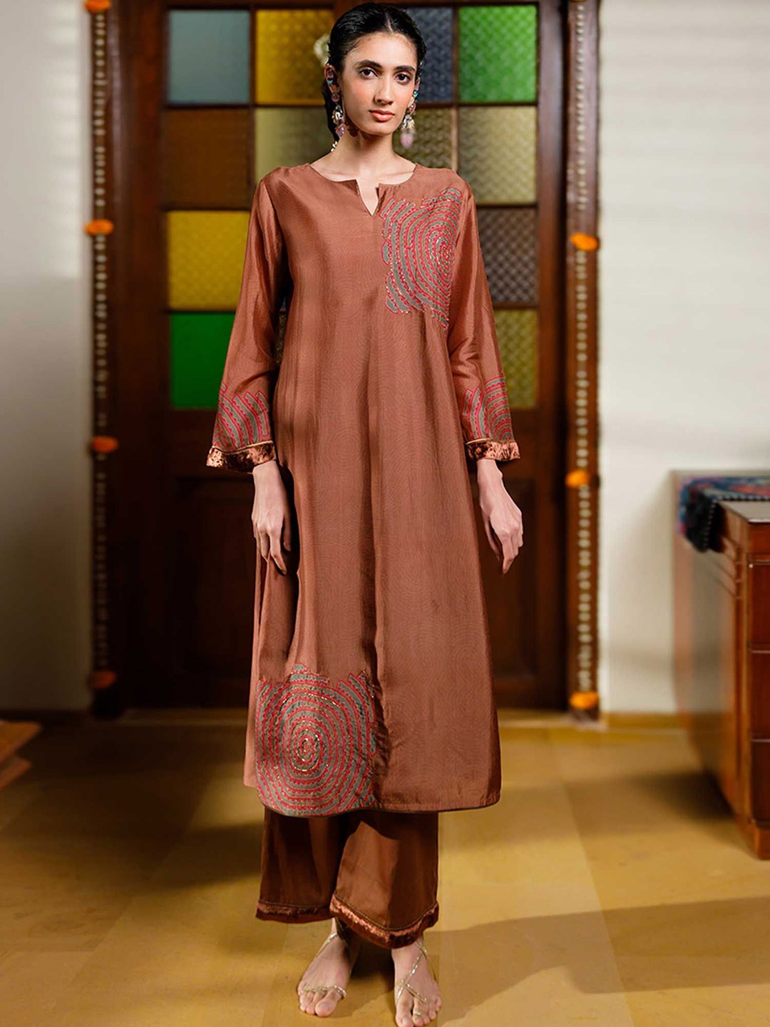

Ganga Abstract Self Design Raw Silk Straight Kurta With Palazzo, Brown