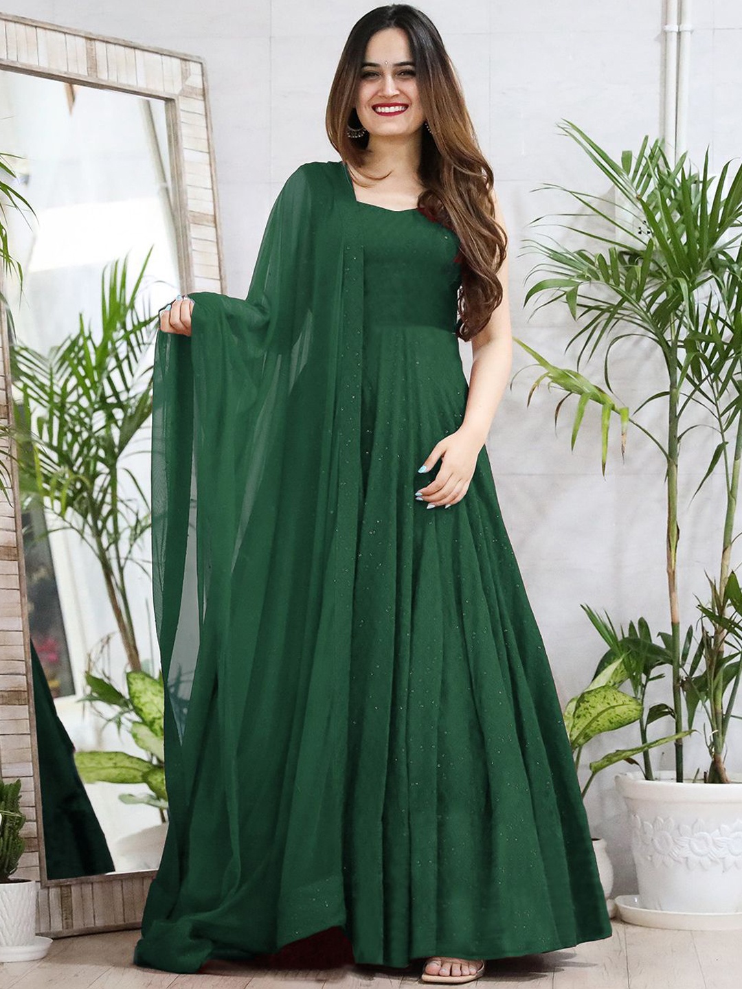 

KALINI Embroidered Maxi Ethnic Dress With Dupatta, Green