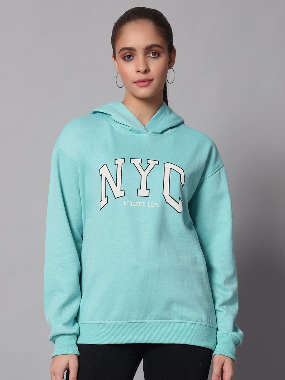 

Obaan Women Printed Hooded Pullover Sweatshirt, Turquoise blue
