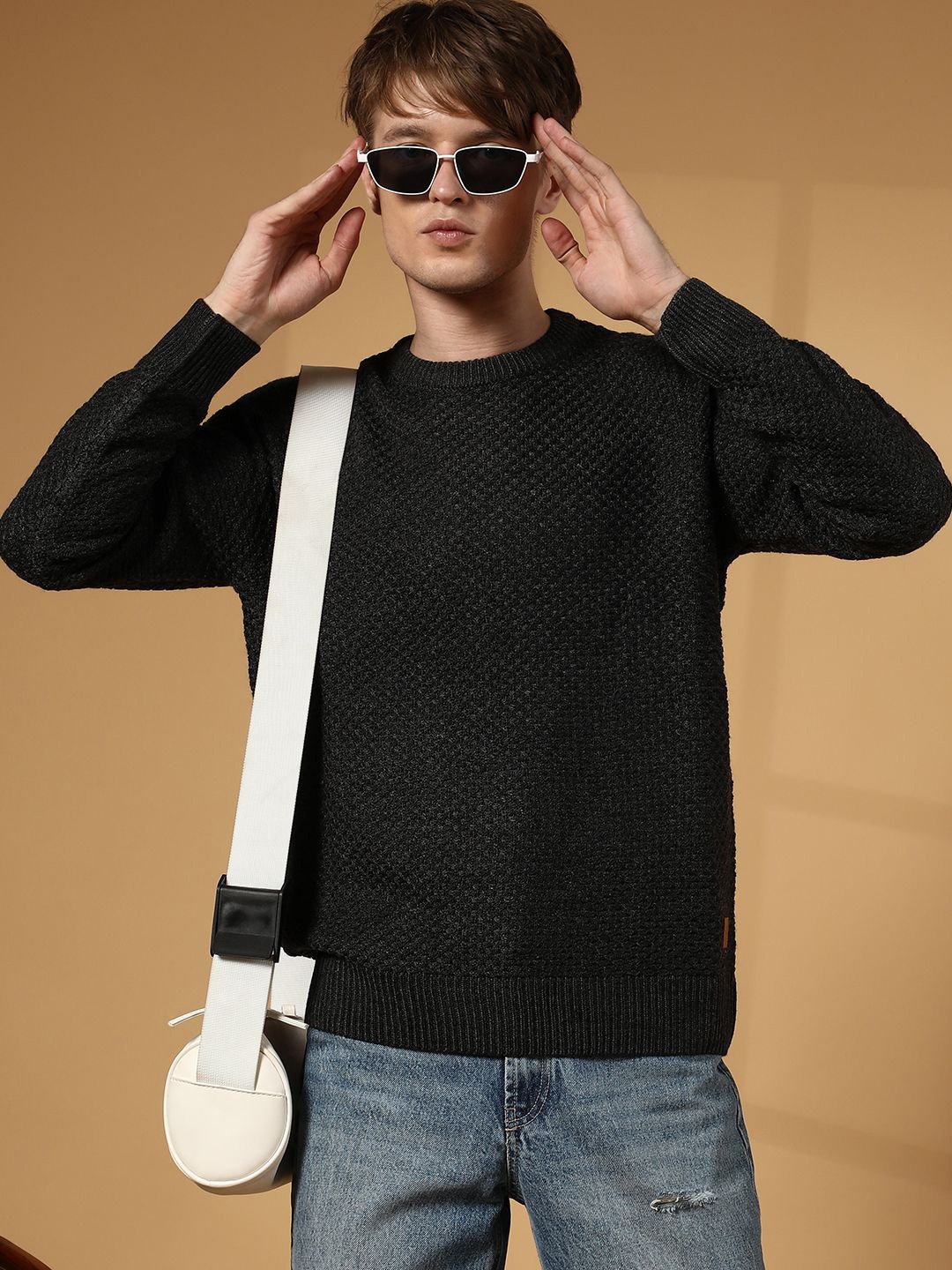 

Campus Sutra Men Cable Knit Round Neck Pullover Sweater, Black