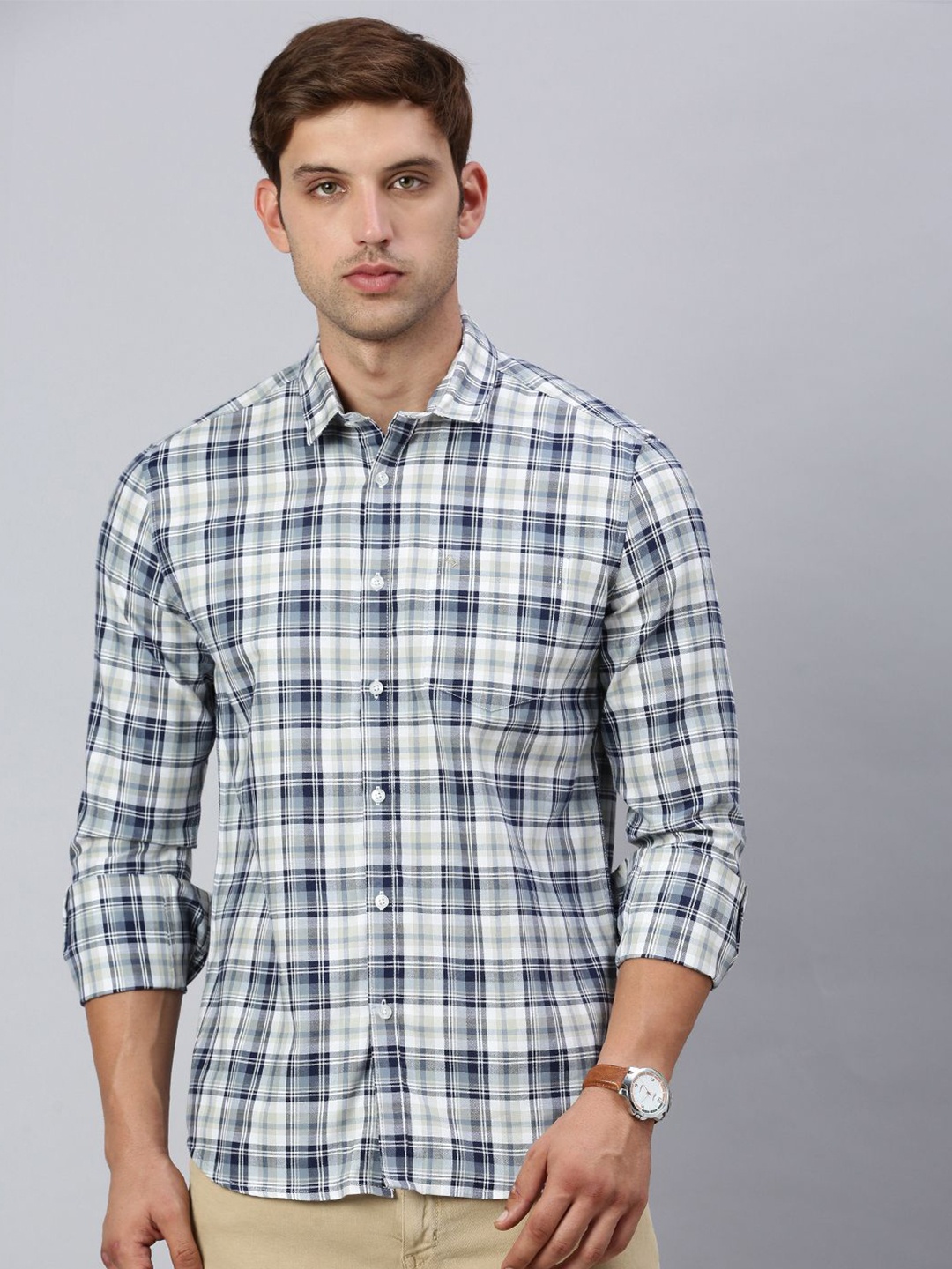 

Classic Polo Men India Slim Spread Collar Tartan Checked Cotton Casual Shirt, White