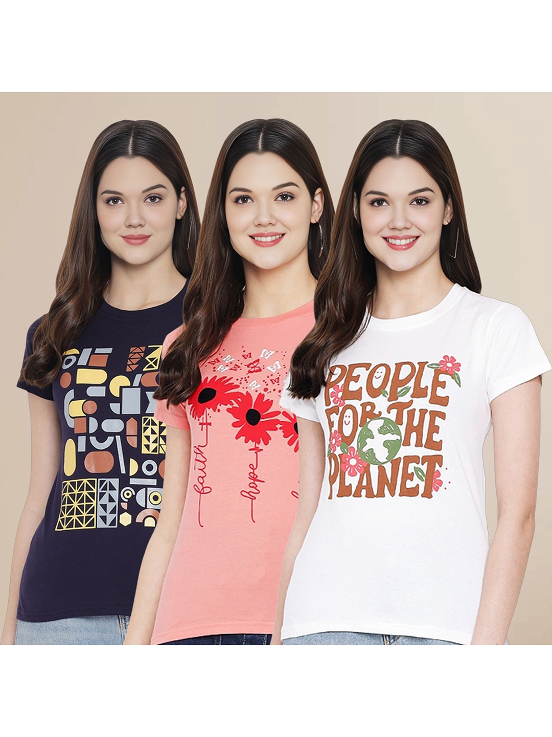 

Metronaut Women Pack Of 3 Typography Printed Round Neck Cotton T-shirts, Navy blue