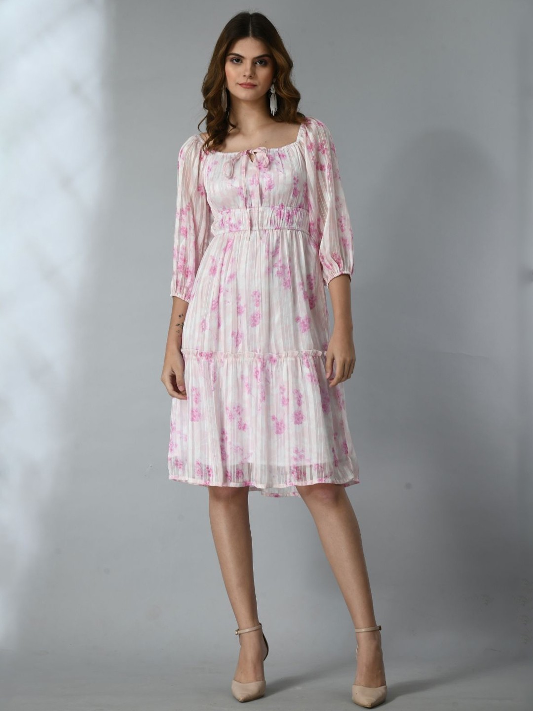 

Fuchsia Women Floral Printed Tie-Up Neck A-Line Dress, White