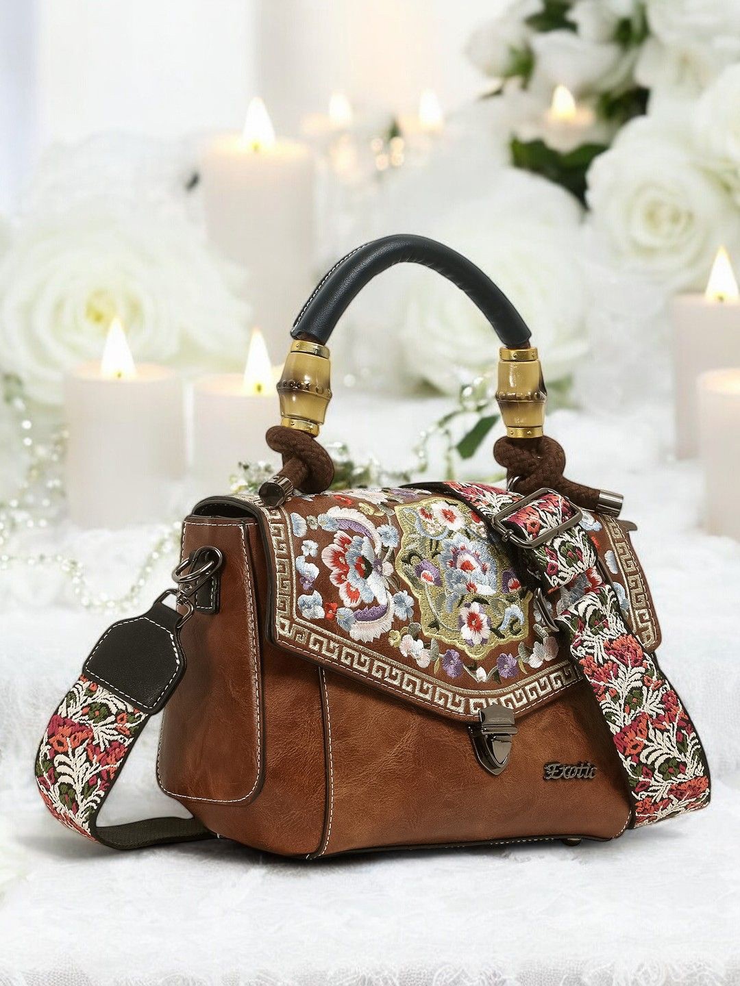 

Exotic Women Floral Printed Structured Leather Satchel Bag, Brown