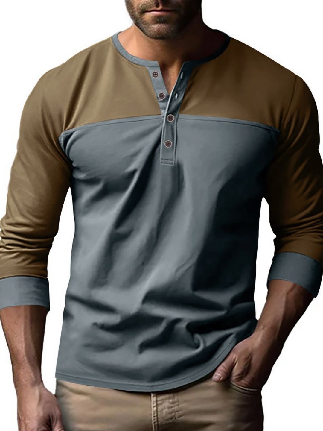 

StyleCast x Revolte Men Colourblocked Henley Neck T-shirt, Grey