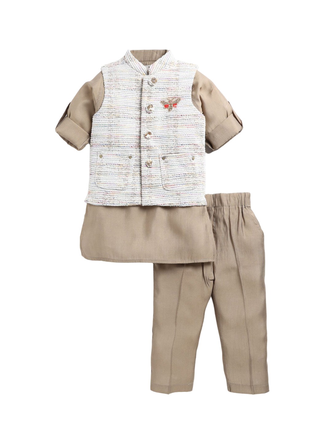 

LITTLE COLLARS Boys Embroidered Regular Kurta with Pyjamas, Beige