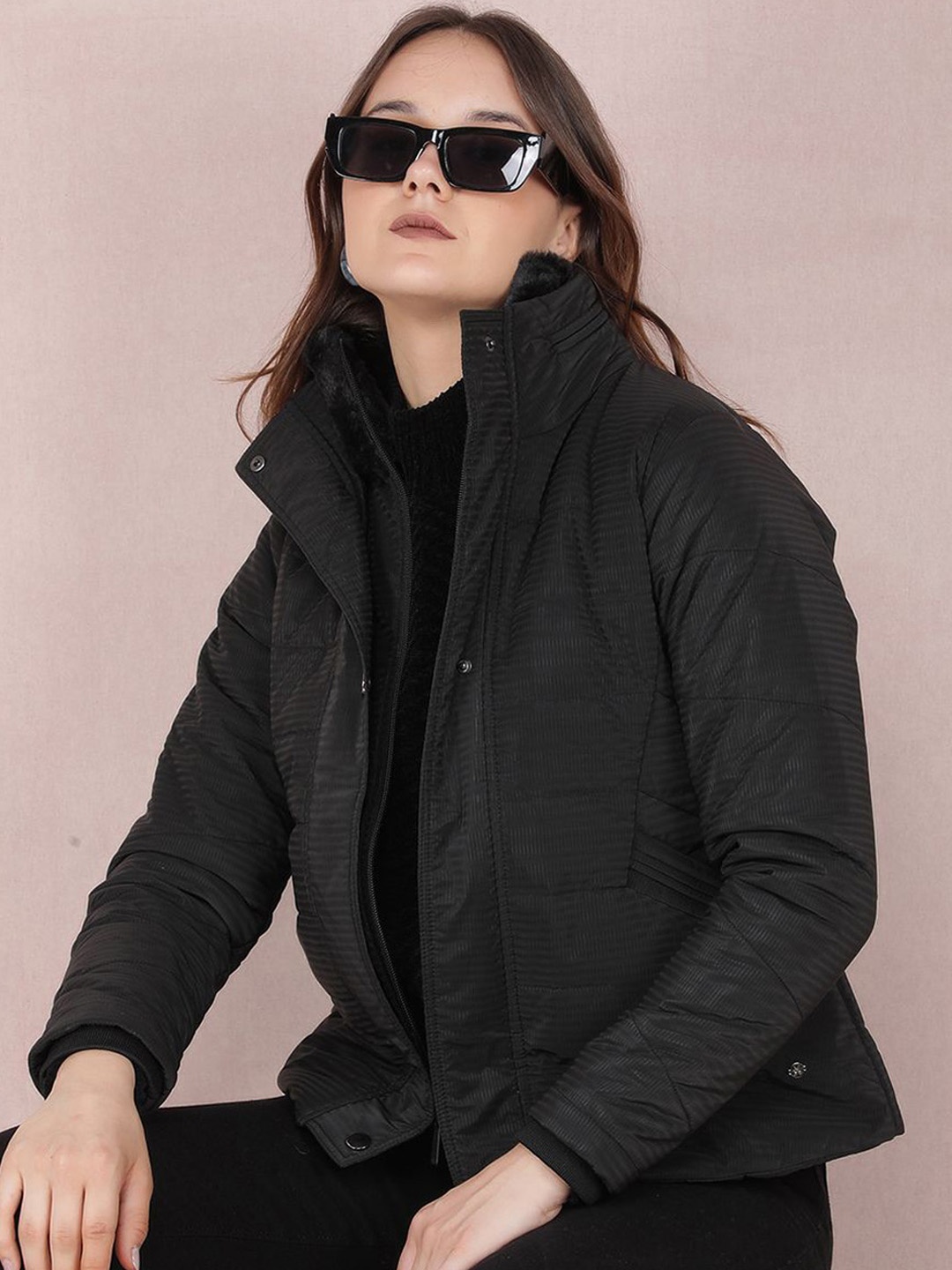 

Crimsoune Club Women Mock Collar Solid Casual Padded Jacket, Black