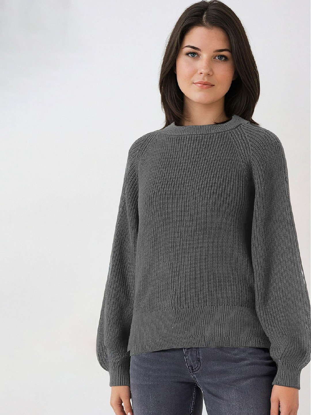 

Kotty Women Solid Ribbed Pullover Sweater, Grey