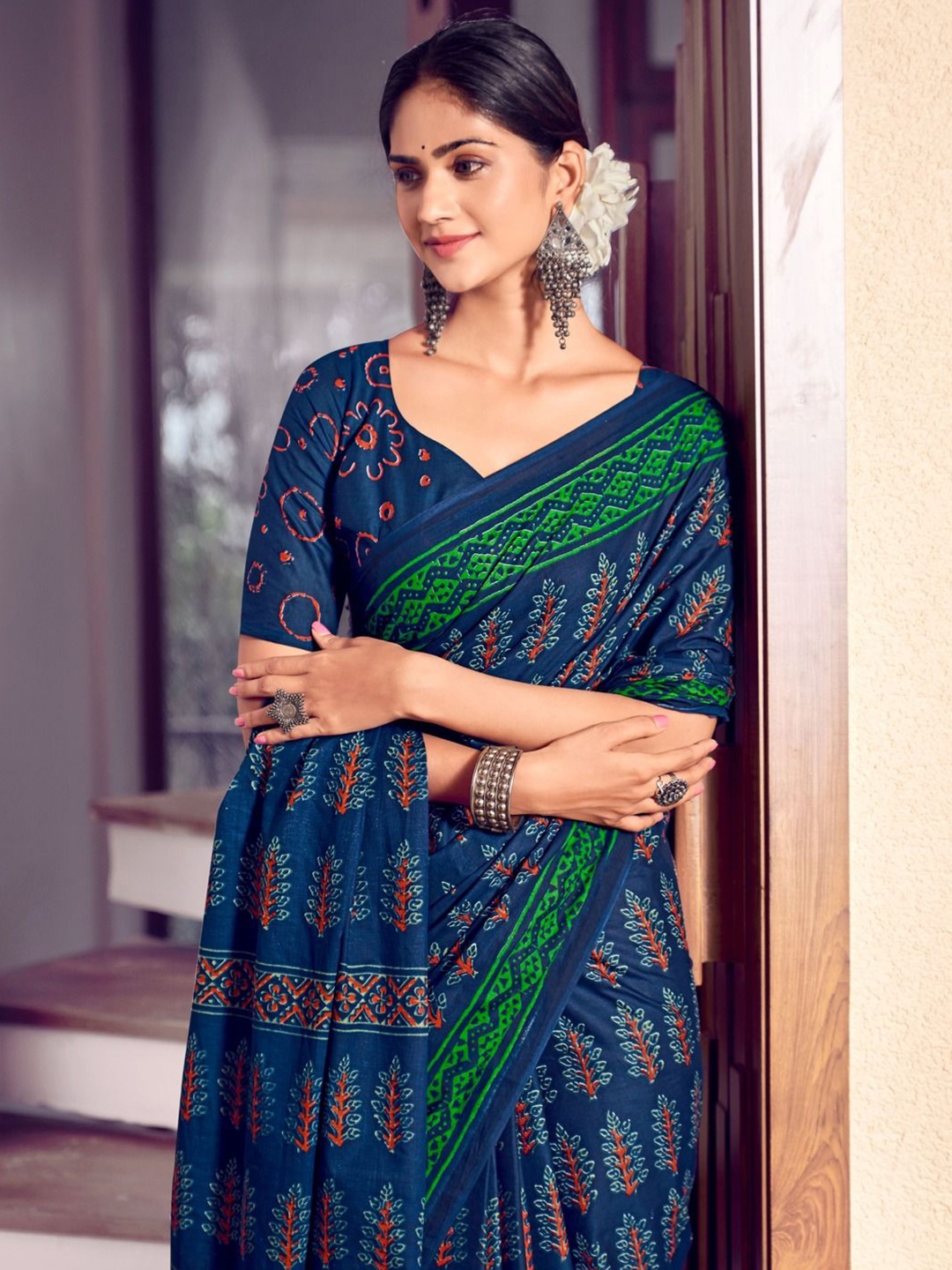 

Anouk Ethnic Motifs Pure Cotton Bagru Saree, Navy blue