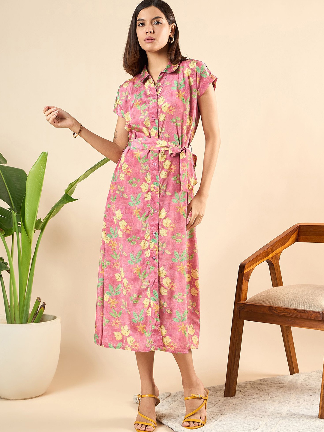 

Mast & Harbour Women Floral Printed Shirt Midi Dress, Pink