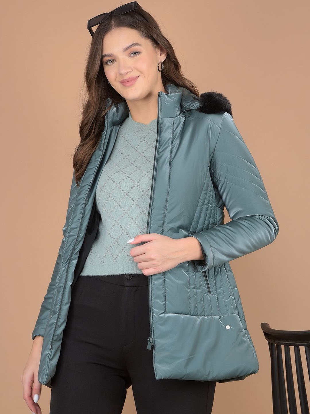 

Crimsoune Club Women Mock Collar Solid Casual Padded Jacket, Teal