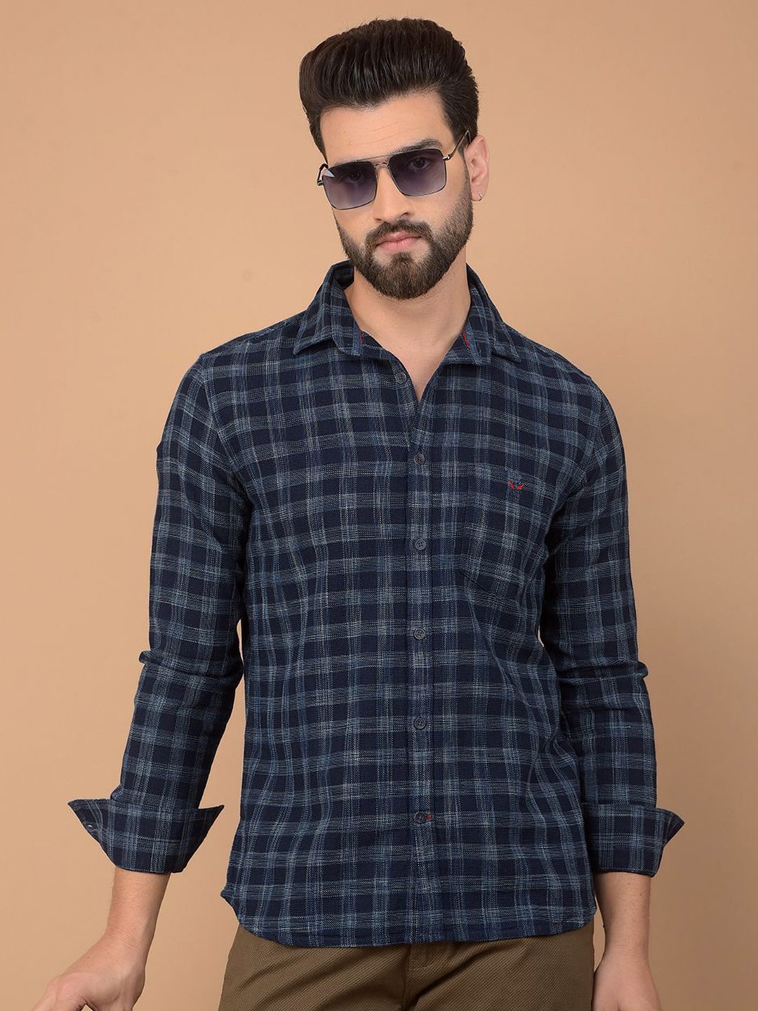 

Crimsoune Club Men Classic Spread Collar Checked Cotton Slim Fit Casual Shirt, Navy blue