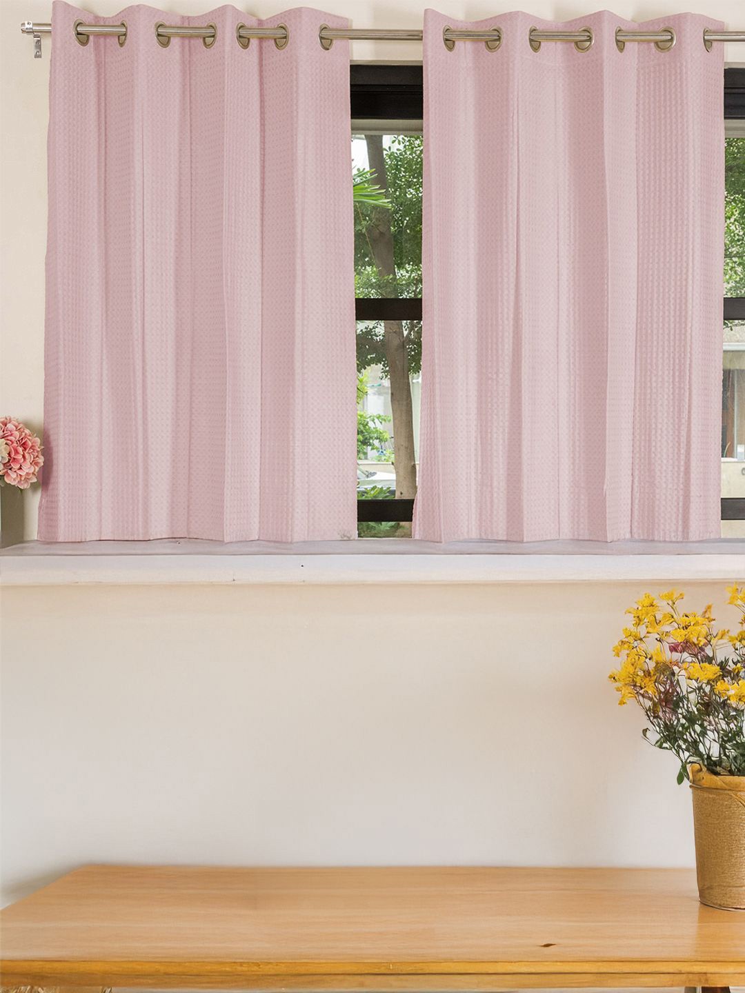 

URBAN SPACE Waffle Pink 2 Pieces Cotton Window Curtains