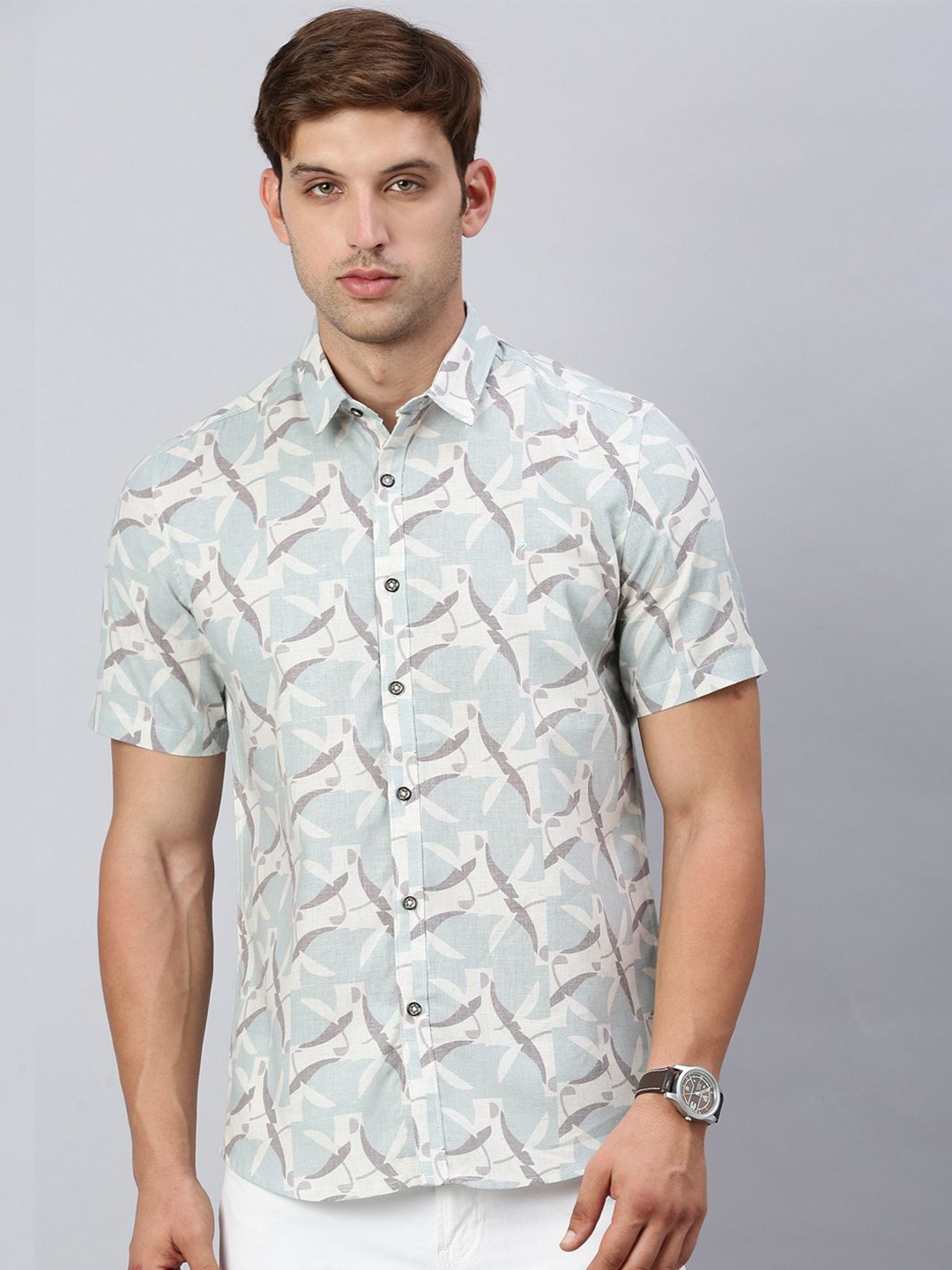 

Classic Polo Men India Slim Spread Collar Abstract Printed Cotton Casual Shirt, Sea green