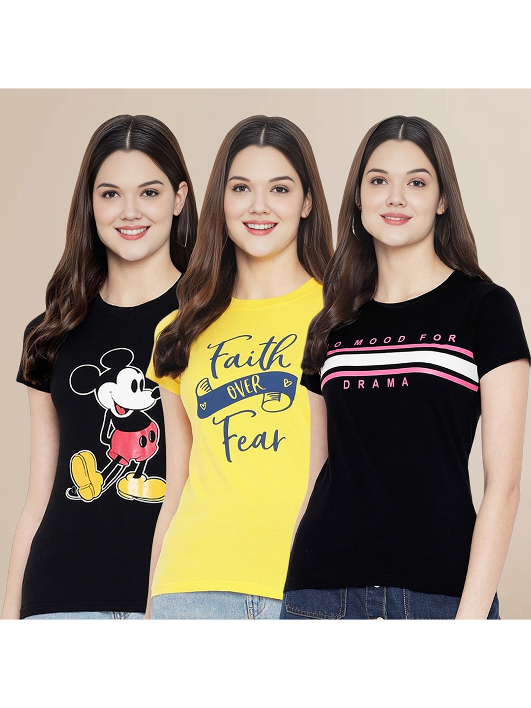 

Metronaut Women Pack Of 3 Typography Printed Round Neck Cotton Mickey Mouse T-shirts, Black