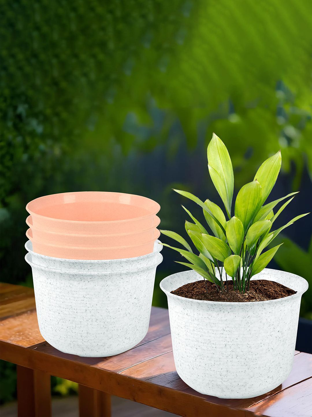 

Kuber Industries White & Peach 6 Pieces Textured Planters With Plates