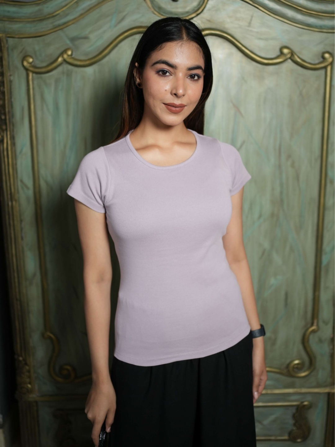 

Mlada Women Solid Round Neck Cotton T-shirt, Lavender