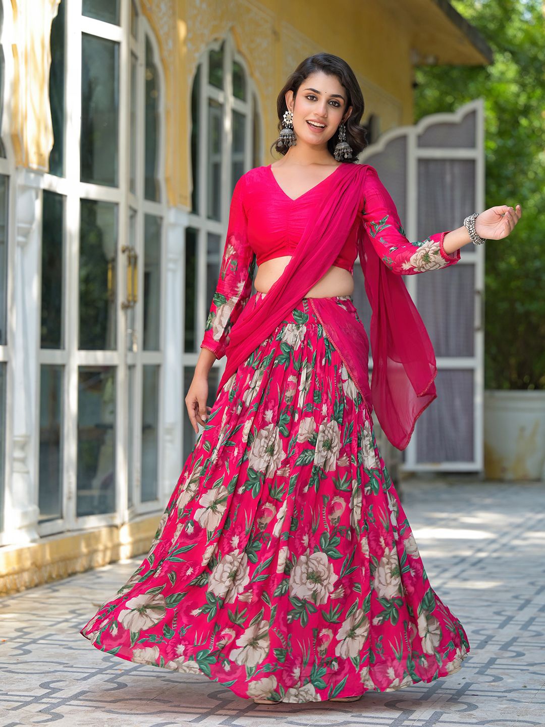 

AKS V-Neck Silk Ready to Wear Lehenga & Blouse With Dupatta, Pink