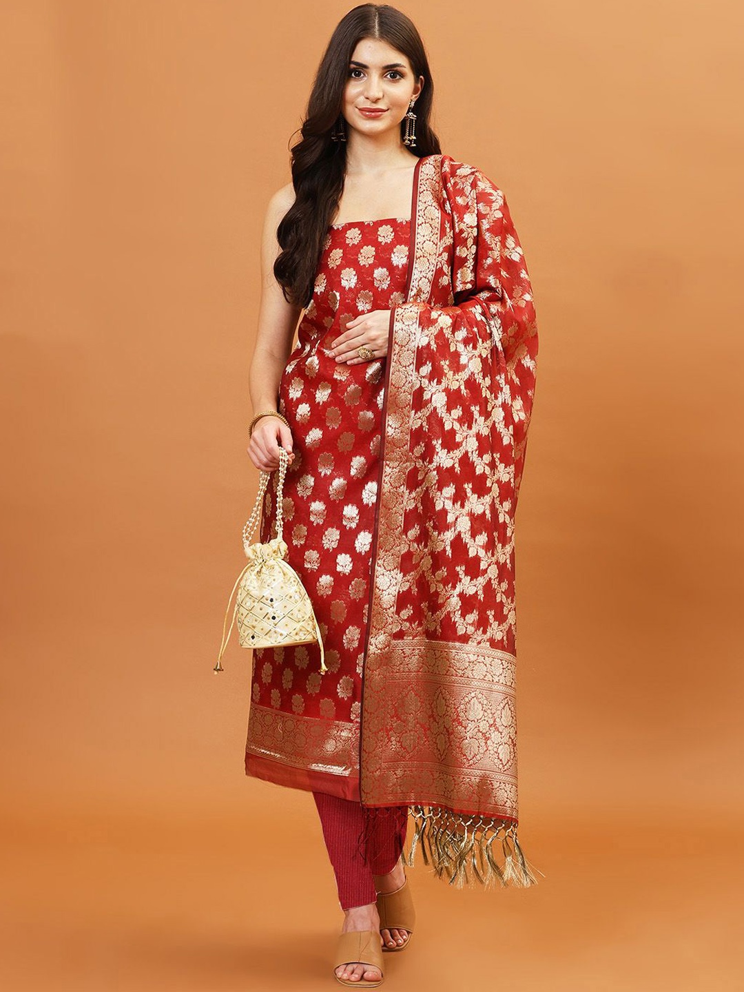 

Meena Bazaar Woven Design Art Silk Unstitched Dress Material, Maroon