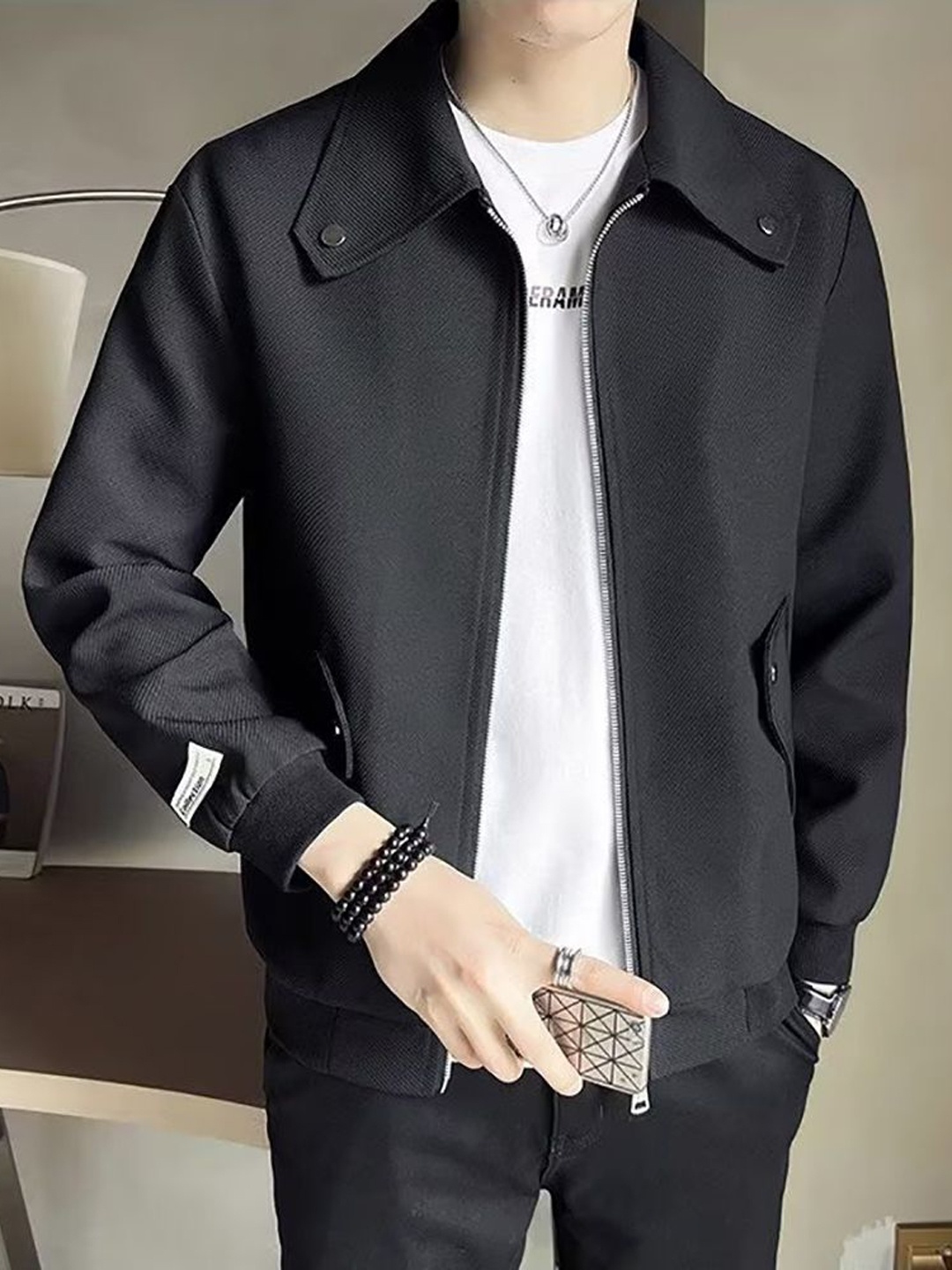 

StyleCast x Revolte Men Spread Collar Solid Casual Bomber Jacket, Black