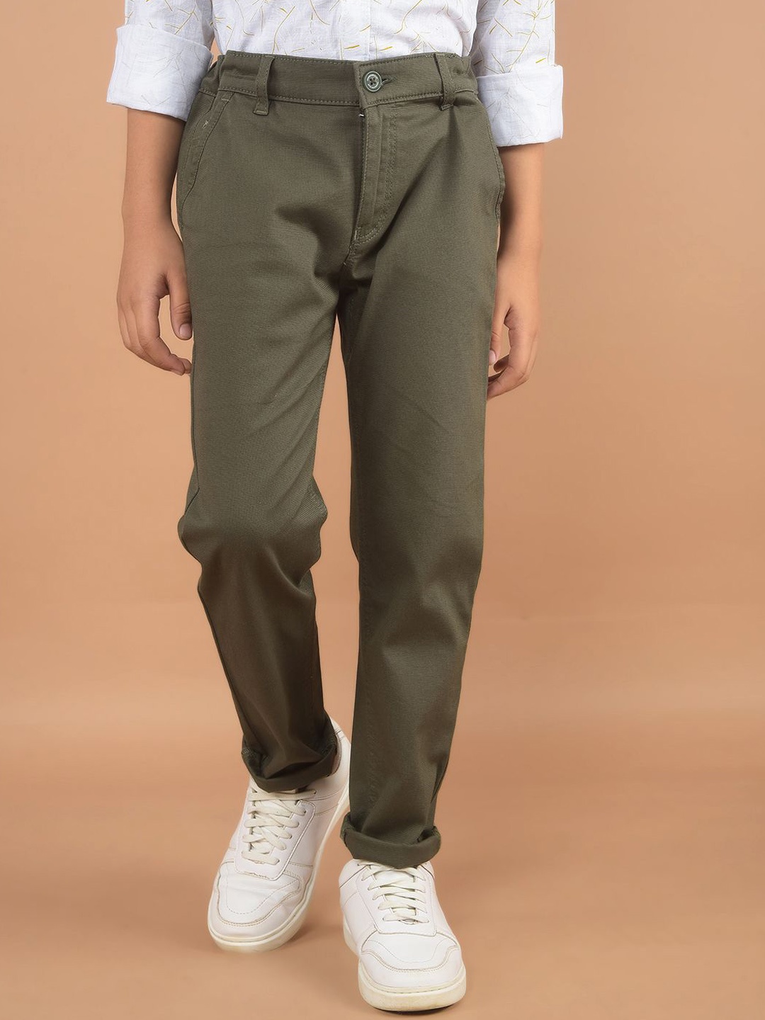 

Crimsoune Club Boys Printed Smart Slim Fit Chinos Trousers, Olive