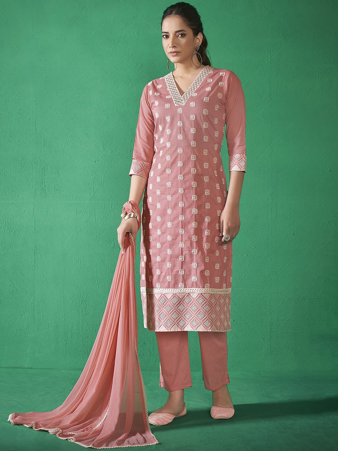 

Anouk Peach Floral Embroidered V-Neck Pure Cotton Kurta With Trouser With Dupatta
