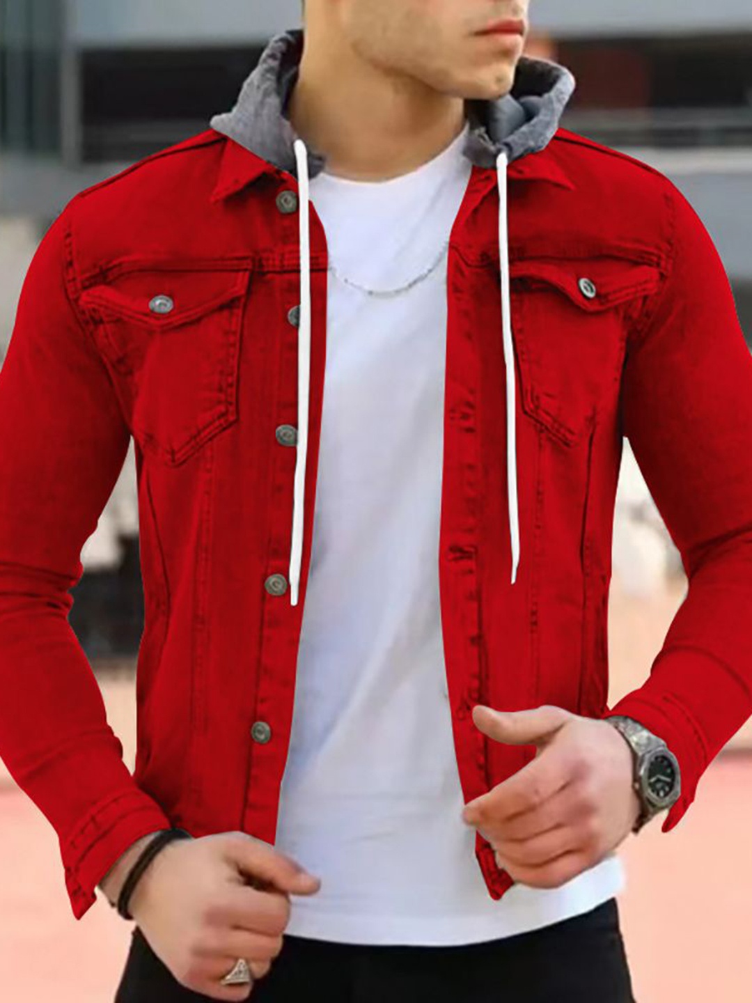 

StyleCast x Revolte Men Hooded Solid Casual Denim Jacket, Red