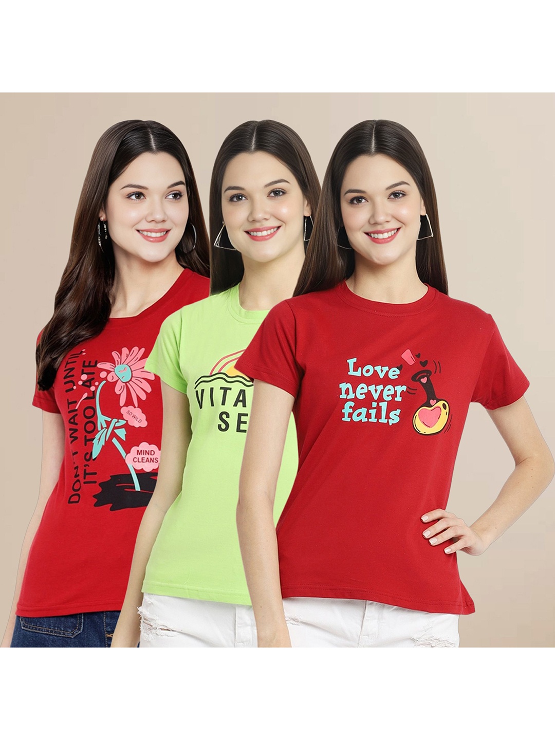 

Metronaut Women Pack Of 3 Typography Printed Round Neck Cotton T-shirts, Red
