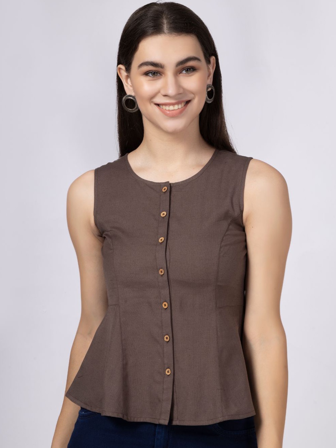 

Saffron Threads Women Solid Round Neck Sleeveless Top, Brown