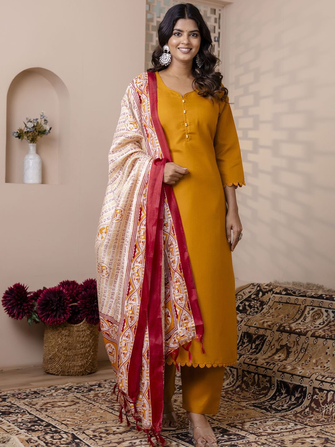 

Nayo Women Regular Beads and Stones Kurta with Trousers & With Dupatta, Mustard