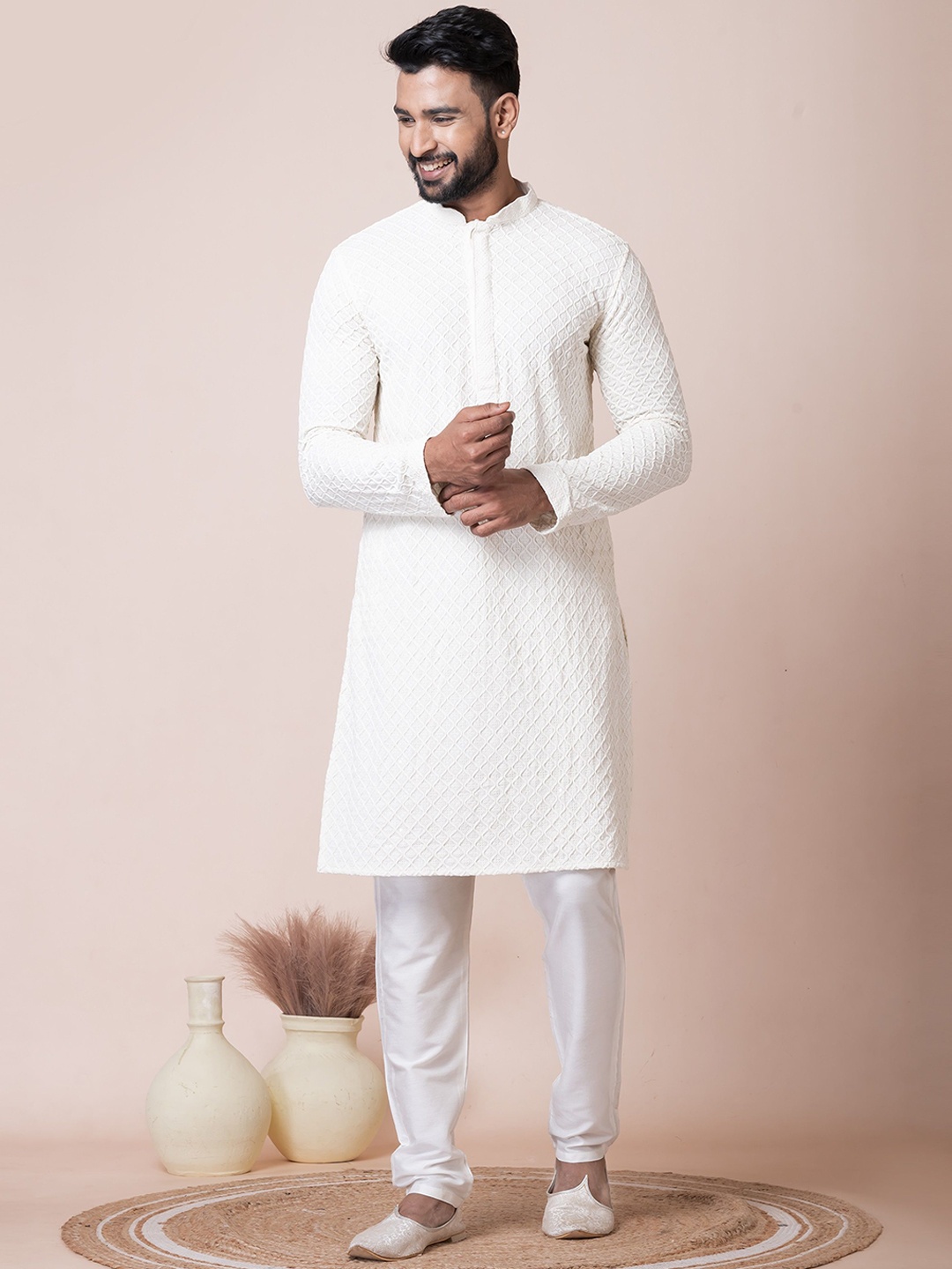 

HERE&NOW White Mandarin Collar Woven Design Chikankari Straight Cotton Kurta