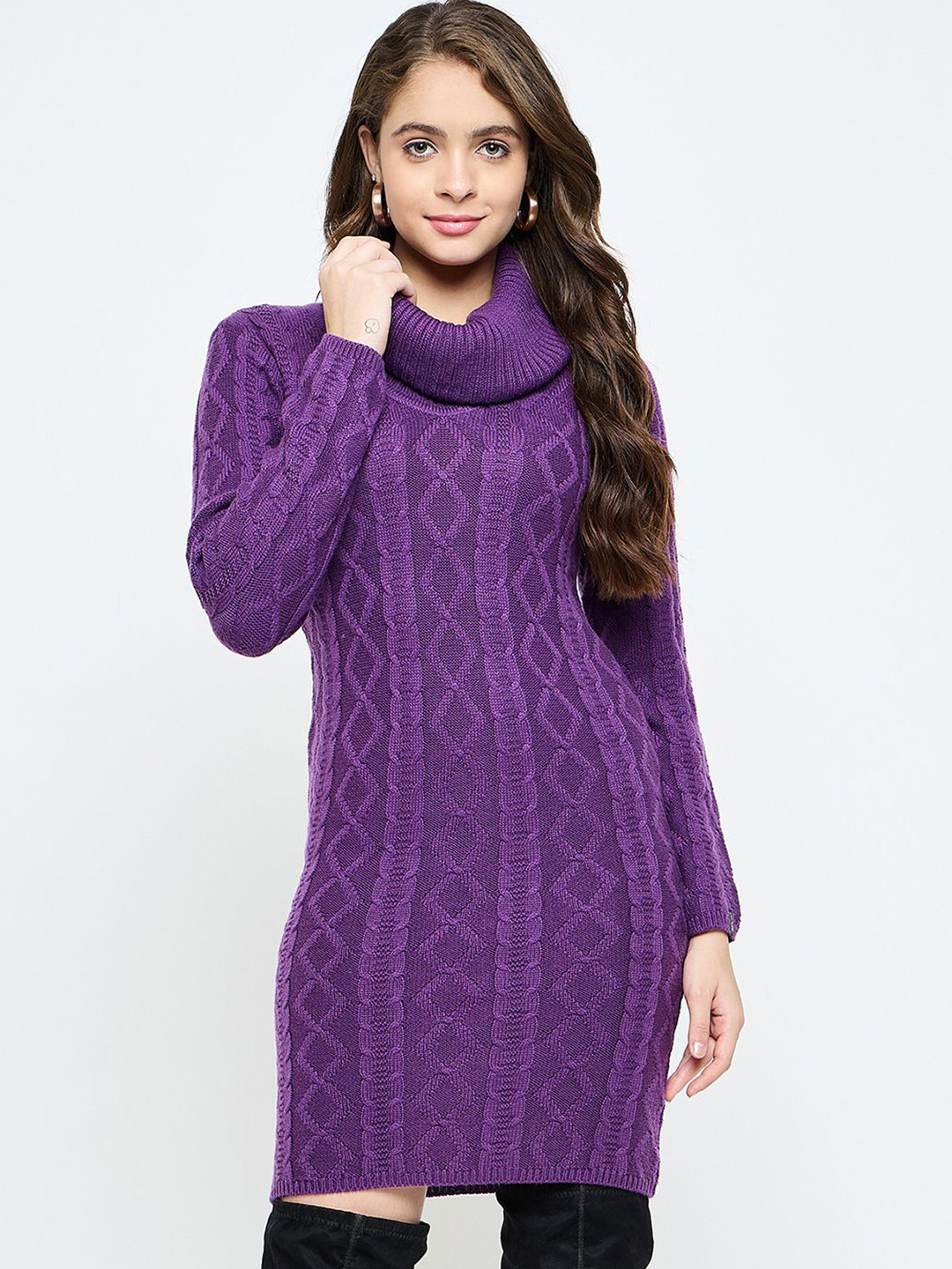 

CREATIVE LINE Women Woollen High Neck Jumper Dress, Purple