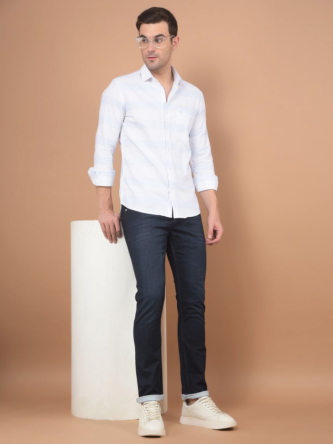

Crimsoune Club Men Classic Spread Collar Horizontal Striped Cotton Slim Fit Casual Shirt, Blue