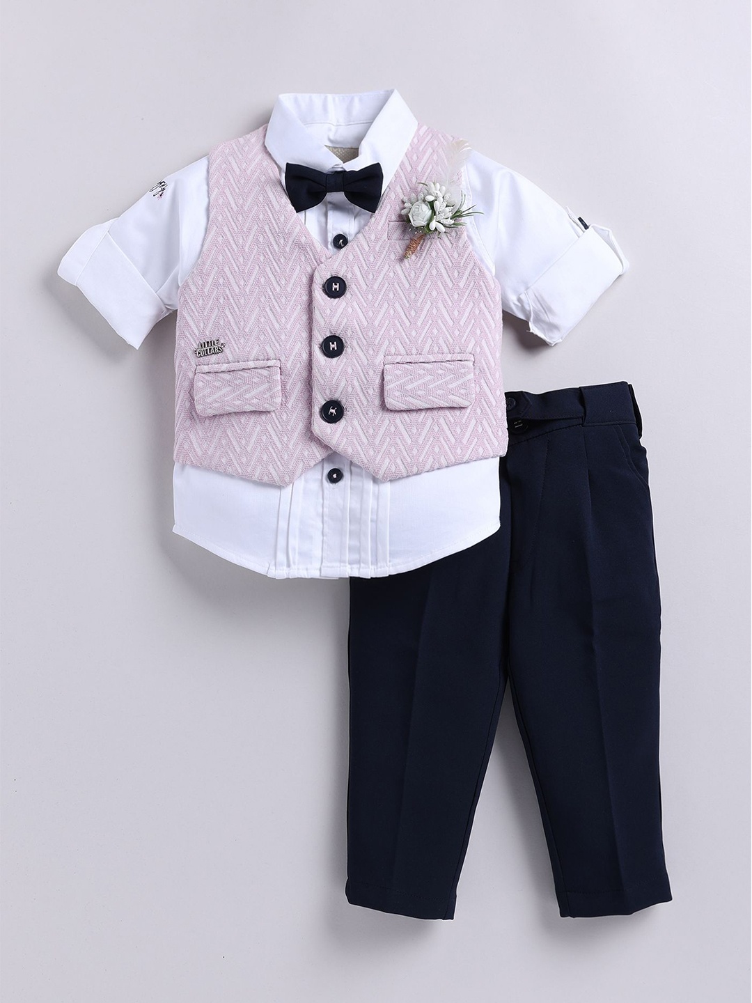 

LITTLE COLLARS Boys Self Design V-Neck Single-Breasted 3 Piece Suit With Bow Tie, Lavender
