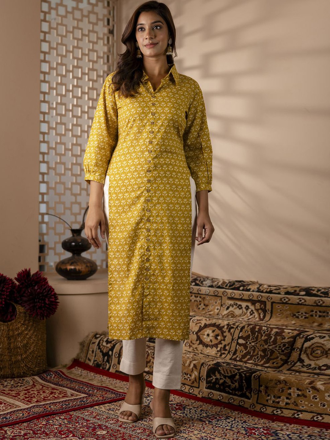 

NISHABD Ethnic Motifs Printed Shirt Collar Cotton Straight Kurta, Mustard