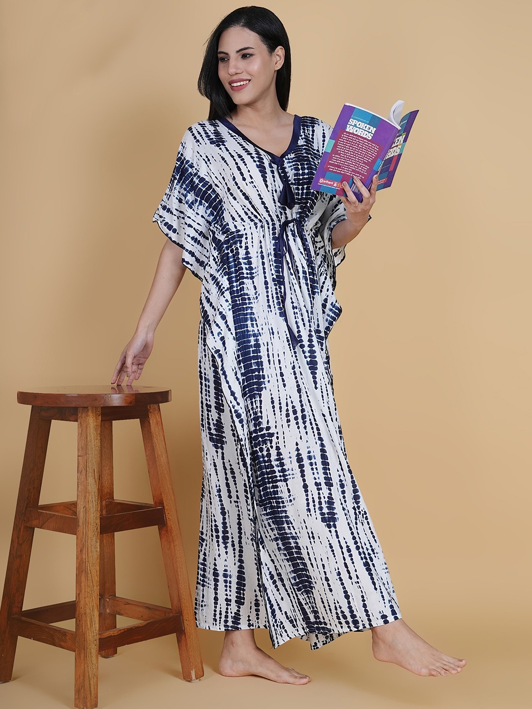 

Noty Women Tie and Dye Printed Kaftan Maxi Nightdress, Navy blue