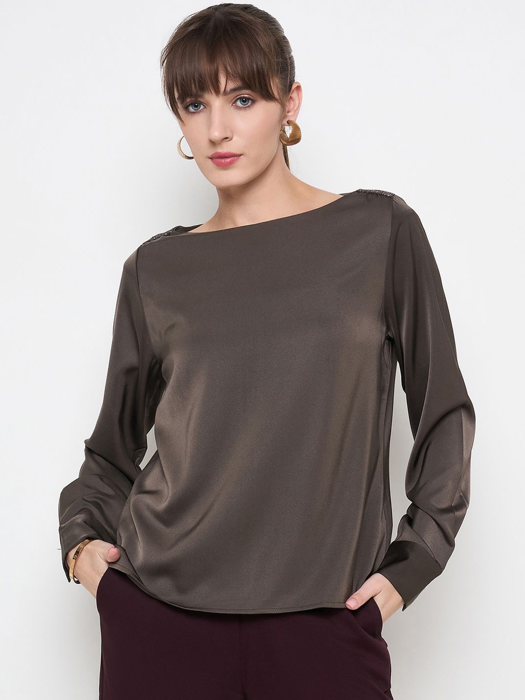 

Madame Women Long Sleeves Boat Neck Top, Olive