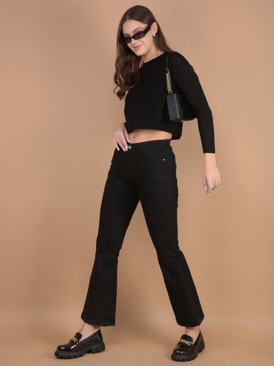 

Crimsoune Club Women Self Design Crop Pullover Sweater, Black